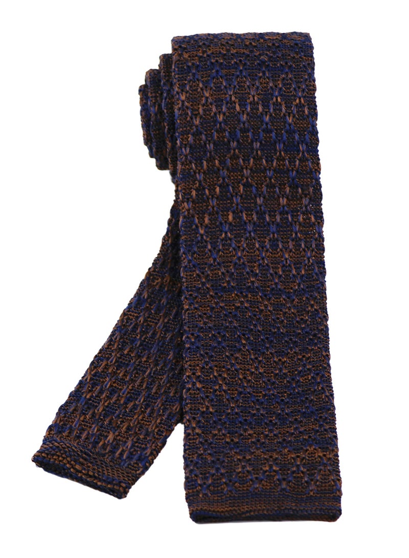 Elfeves Men's Novelty Skinny Knit Tie Vintage Smart Patterned Formal Necktie for Groom (One Size, Brown Navy) - Image 3